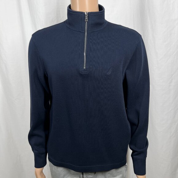 Nautica Men's Large Navy Blue 100% Cotton 1/4 Zip Mock Neck Knit Pullover Top - Picture 1 of 8